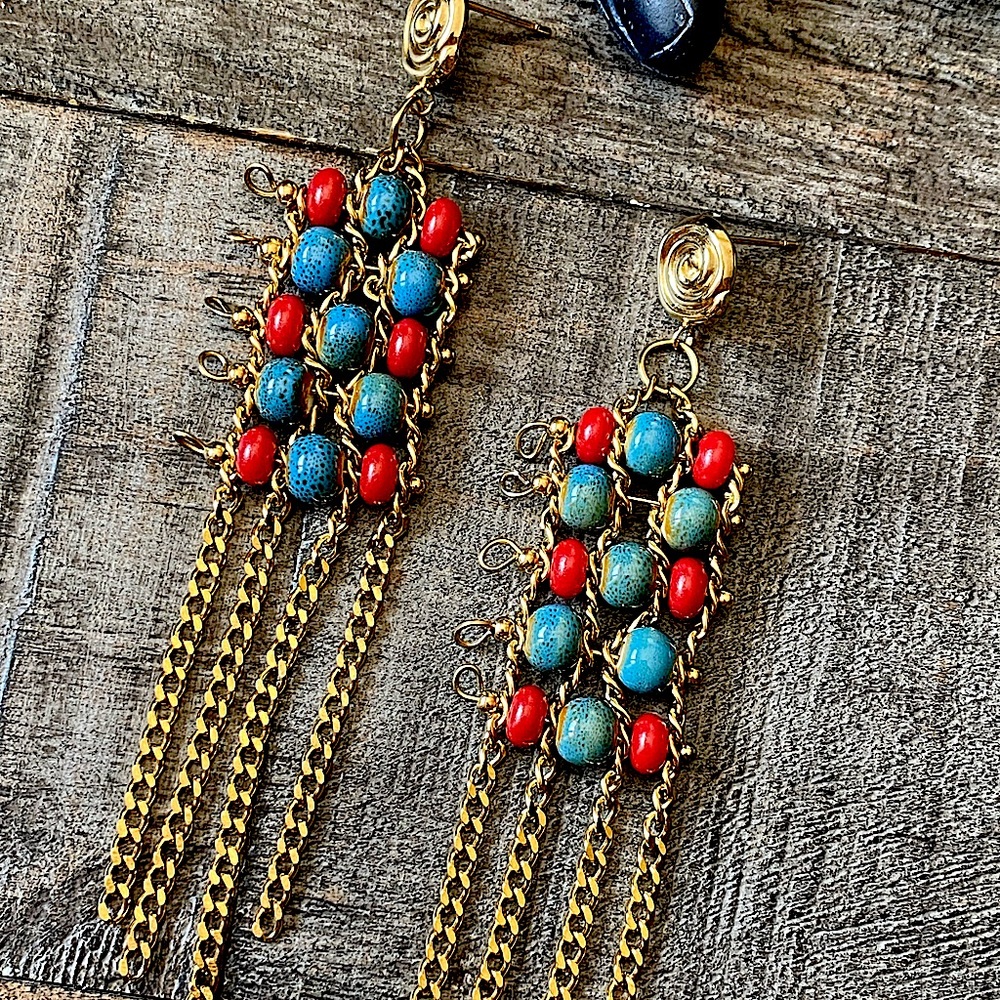 NEW Ceramic Beaded Gold Tassel Earrings - Picture 2 of 13